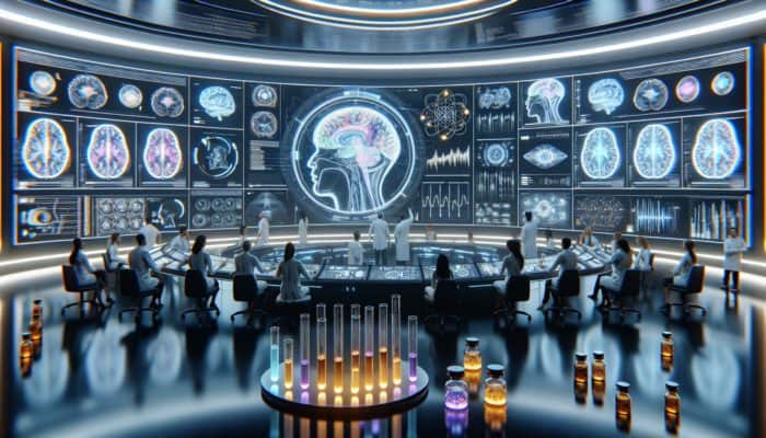 A modern laboratory where scientists are analysing brain scans and cognitive enhancement supplements, surrounded by holographic data presentations.