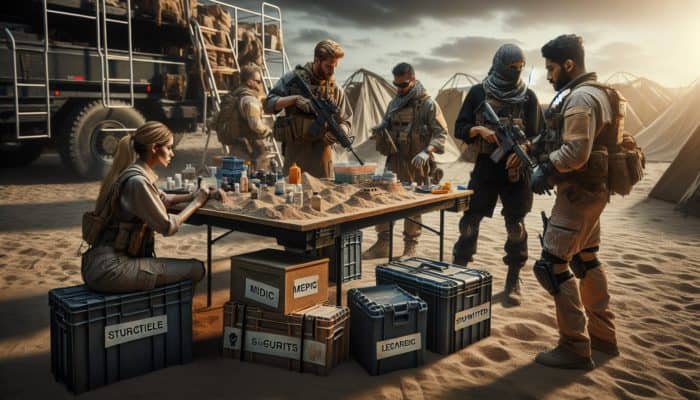 Prepper Teamwork Ideas: A diverse prepper team in a post-apocalyptic setting, each member defined by their role: leader, medic, logistics coordinator, security officer.