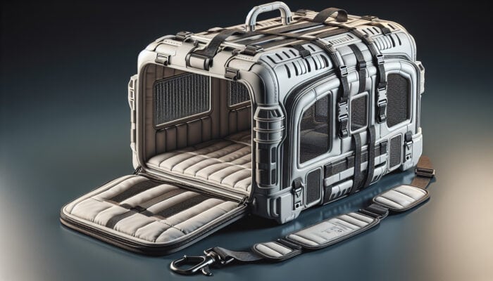 A spacious, sturdy custom carrier for a large dog with adjustable straps, ventilation, and padded interior.