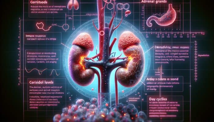 Cortisol Blood Test in Rochdale: An anatomical illustration depicting adrenal glands releasing cortisol, highlighting its effects on metabolism, immunity, and stress, along with a graph of daily cortisol fluctuations.