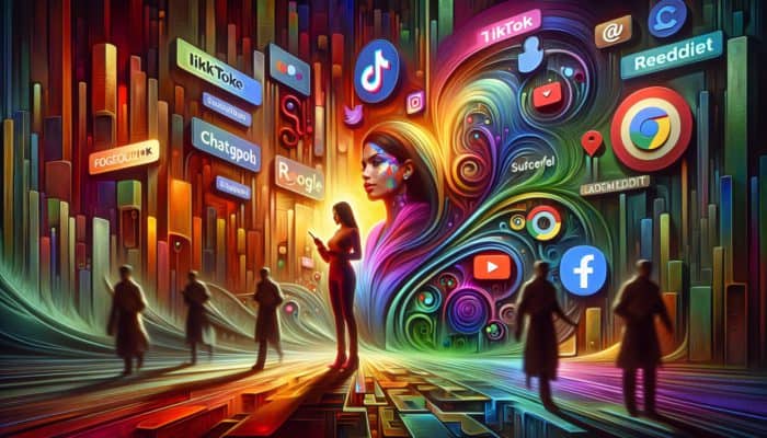 A futuristic marketing strategist navigating a vibrant digital landscape, focusing on TikTok, ChatGPT, and Reddit, while competitors remain trapped in a shadowy Google maze.