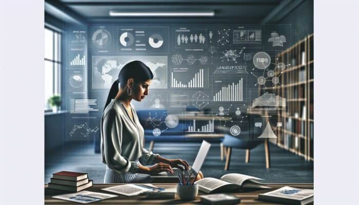 Small business owner analysing SEO trends on laptop in modern office, surrounded by marketing resources.