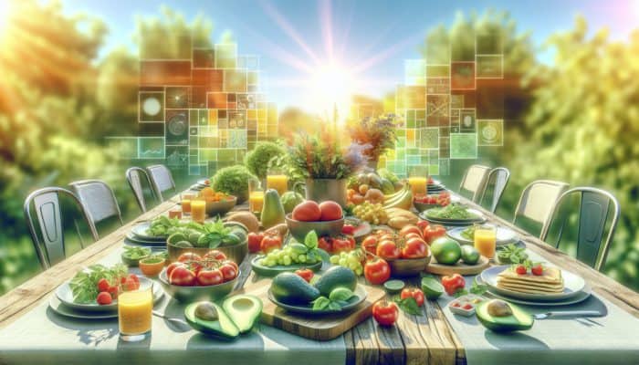 A colourful brunch table with ripe avocados, tomatoes, and fresh herbs in sunlight.