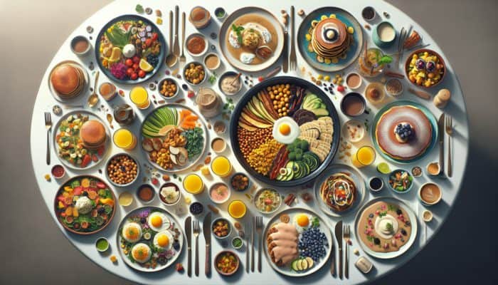 A colourful brunch spread with plant-based and global fusion dishes, reflecting current trends.