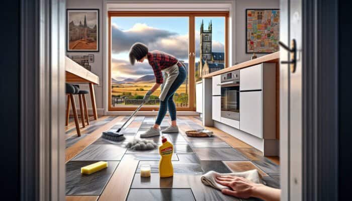 A dedicated individual scrubbing grout haze from kitchen floor tiles in West Dunbartonshire, showcasing traditional Scottish architecture in the background.