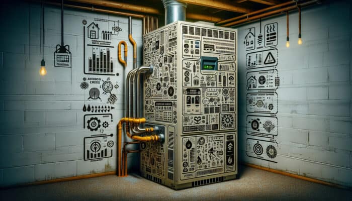 Furnace Services in Langley: Diagram illustrating a furnace in a Langley home's basement with malfunctions like rattling, banging, increased energy bills, and uneven heating.