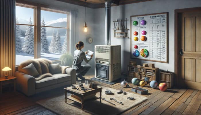 A technician assesses an old furnace in a cosy living room, with service plan charts and a snowy view of Langley outside.