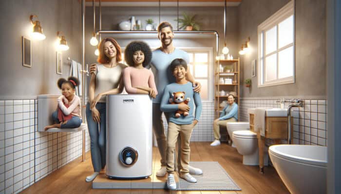 A modern tankless water heater in a Richmond home's cosy bathroom, replacing an old tank model, lowering energy bills.