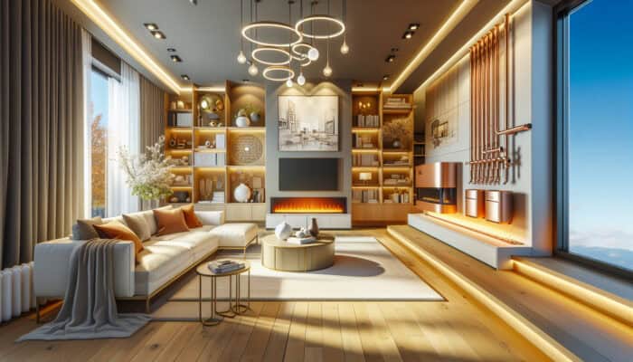 Heating Services in New Westminster: A cosy living room featuring a modern furnace, boiler, heat pump, and radiant floor heating.