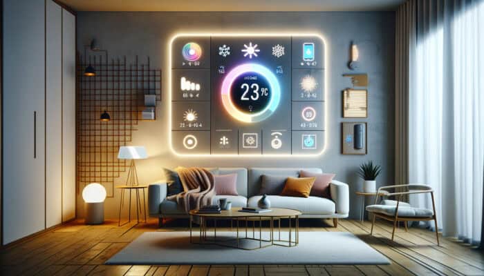 Smart thermostat on the wall in a modern living room, controlled by a smartphone, with sensors monitoring the heating system.