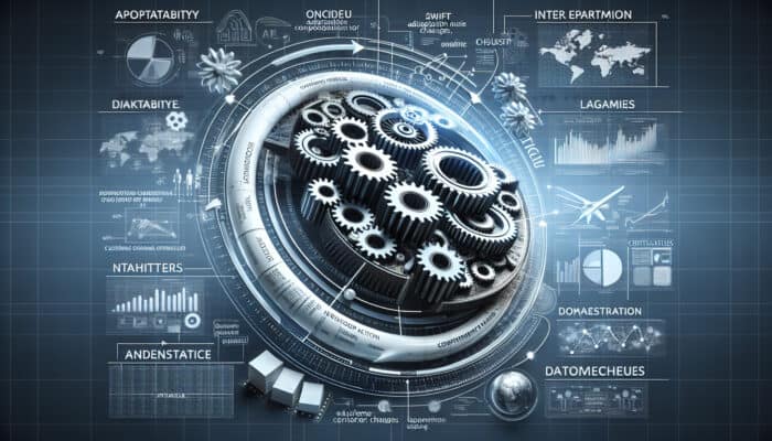 A dynamic business environment with teams adapting to market changes, symbolised by gears and data streams.