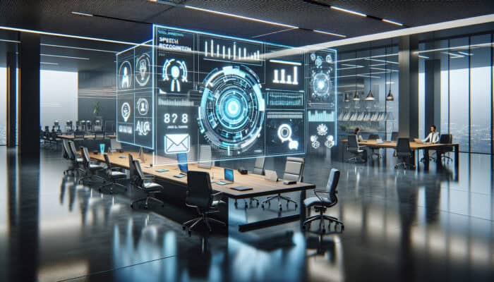 A futuristic office with a modern virtual assistant interface showing speech recognition, task management, and AI learning.