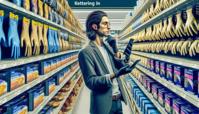 A person in Kettering using a smartphone to read expert recommendations while choosing latex gloves in a store.