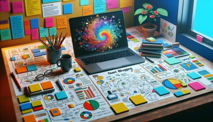 Master the Art of Guest Blogging to Maximise Your Online Influence: A laptop displaying a blog post, surrounded by colourful sticky notes and diagrams, with coffee and a plant.