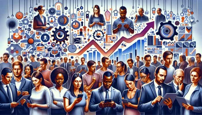 A diverse group using surveys, polls, and reviews, with charts analyzing feedback.