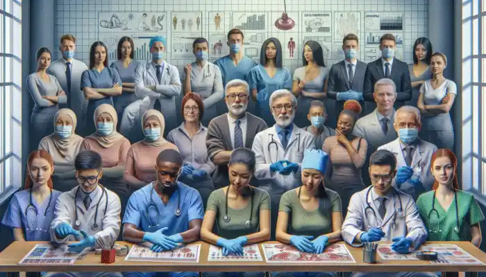 Vinyl Gloves in High Wycombe: A diverse group using vinyl gloves for medical and food handling, ensuring hygiene.