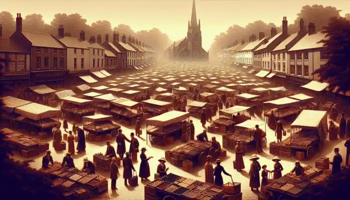 A market scene in High Wycombe with stalls selling vinyl gloves, showcasing diverse shoppers and historic architecture.