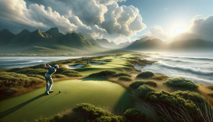Golfer playing on challenging links-style course with coastal winds, Outeniqua Mountains, and Indian Ocean in background.