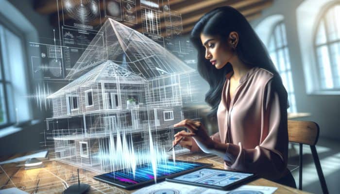 A structural engineer assesses a home's earthquake vulnerabilities using advanced technology and detailed diagrams.