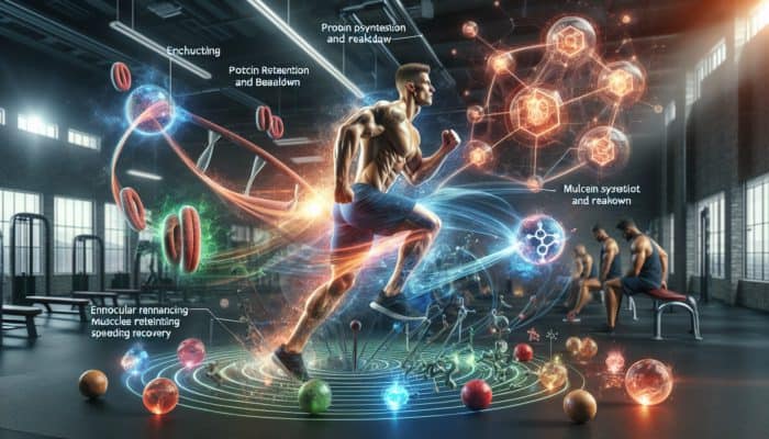 A muscular athlete in a gym with scientific diagrams showing HMB enhancing muscle retention and recovery.
