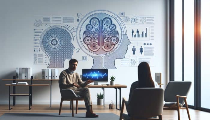 Benefits of Cognitive Behavioural Therapy: A therapist guiding a patient through cognitive behavioral therapy in a modern UK office, using diagrams.