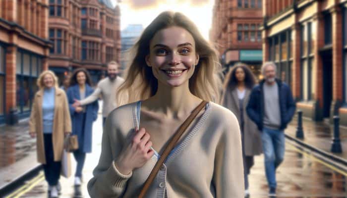 Young woman from Manchester confidently walking through the city, symbolising triumph over anxiety with CBT, therapist in the background.