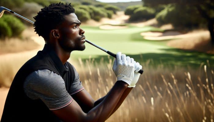 A South African golfer visualizing shots on a challenging course to enhance focus and lower score.