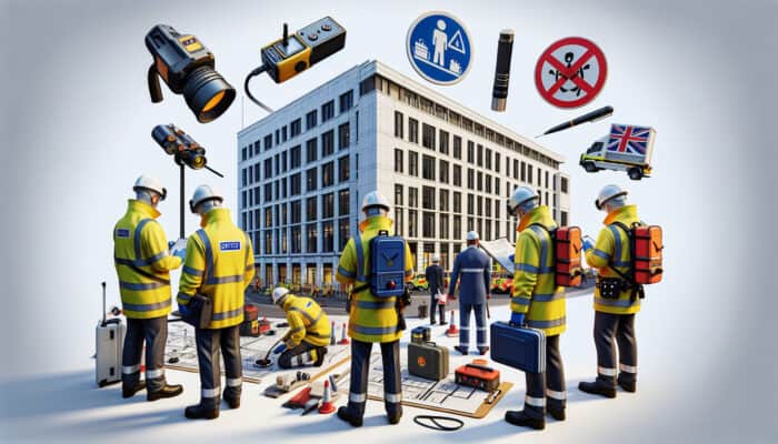Techniques for Clearing Commercial Spaces: UK commercial space clearance with professionals in safety gear conducting surveys for hazardous materials and structural integrity.