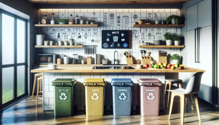 A modern UK kitchen displaying colour-coded bins, a compost bin, a shredder, smart bins, and a waste sorting app on a tablet.