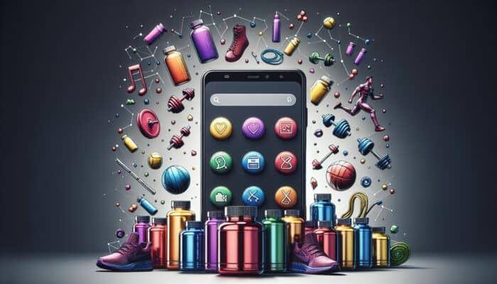 A smartphone showing Snapchat with colorful supplement bottles and fitness icons, illustrating advertising strategies.