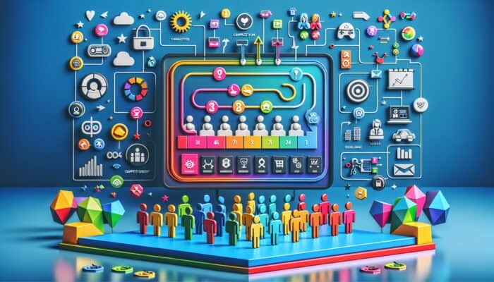 A vibrant digital interface showcasing a leaderboard, rewards, and hosts engaged in playful competitions, enhancing loyalty through gamification.