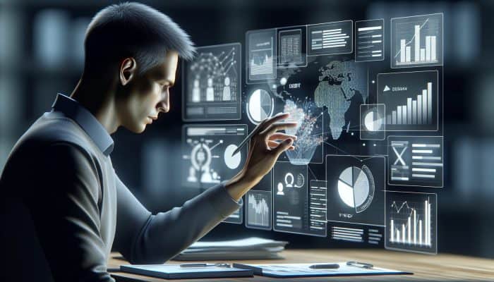 Person analysing financial documents and charts in a modern office, focusing on debt consolidation strategy.