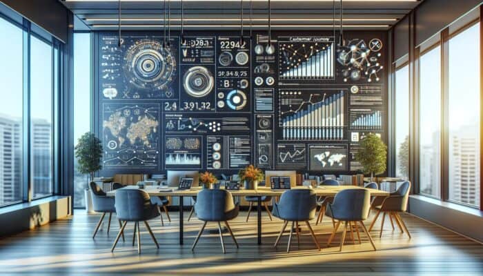 A digital dashboard with graphs and charts analyzing customer journey data, featuring Google Analytics and custom script icons in a modern office.