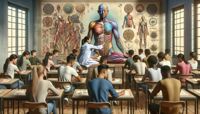 Students learning acupuncture in a classroom, featuring anatomy charts and a mentor demonstrating techniques on a model.