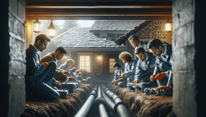 A team of experts evaluating a damp crawl space in Mission to enhance drainage.