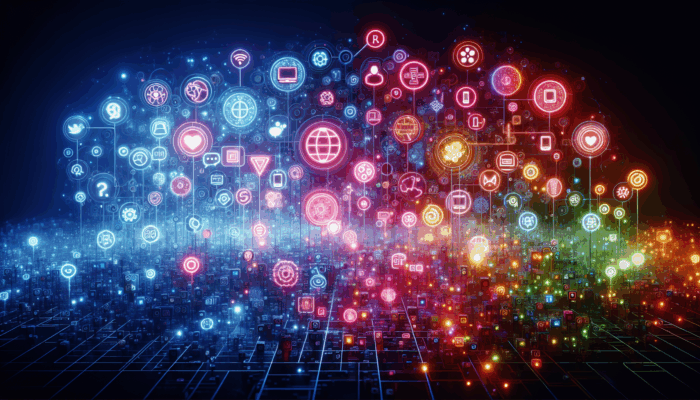 Digital Advertising in Keynsham for Small Business: A vibrant digital landscape with interconnected social media icons, search engine pages, and interactive websites for Keynsham's small businesses.