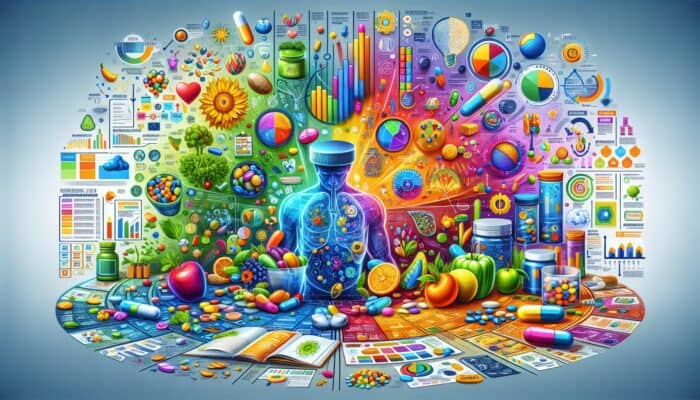 A vibrant infographic illustrating the advantages and applications of dietary supplements, engaging various learning styles.