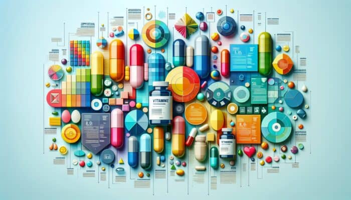 Dynamic infographic presenting tips on creating content focused on supplements, featuring vitamins and capsules.