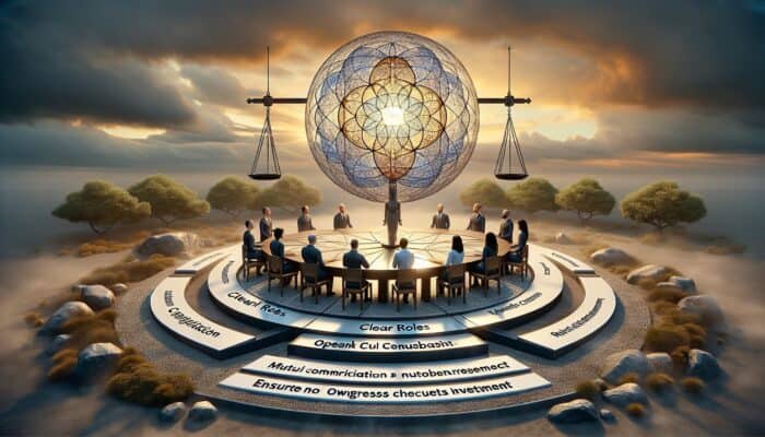 Infographic illustrating experts collaborating with defined roles, mutual respect, and transparent communication.