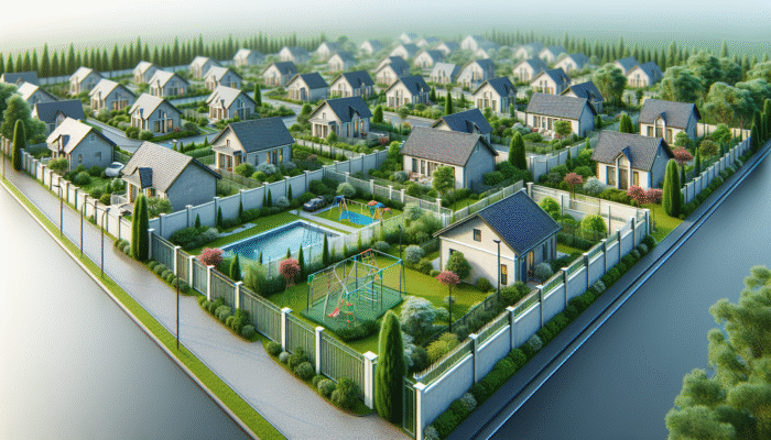 A serene, budget-friendly gated community with modest homes, secure fence, lush greenery, and a playground.