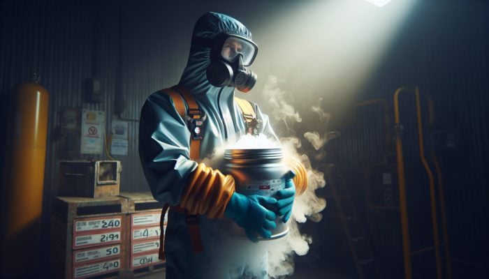 Individual in protective equipment managing a liquid nitrogen container safely.