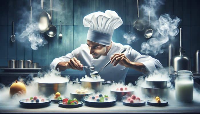 A chef employing liquid nitrogen in a modern kitchen, crafting colourful, frozen dishes amid clouds of vapour.