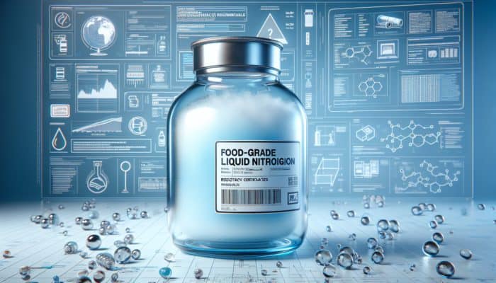 Clear glass container displaying high-quality, food-grade liquid nitrogen from a reputable supplier, with safety certifications visible.