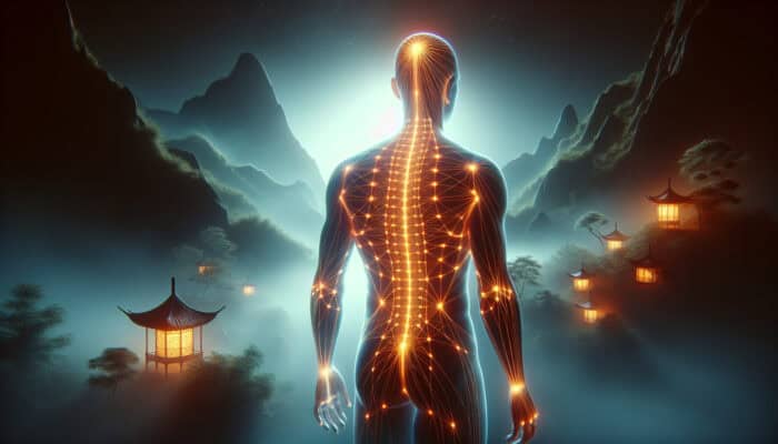 Artistic representation of the human body with highlighted acupuncture meridians, set against a serene Chinese background.