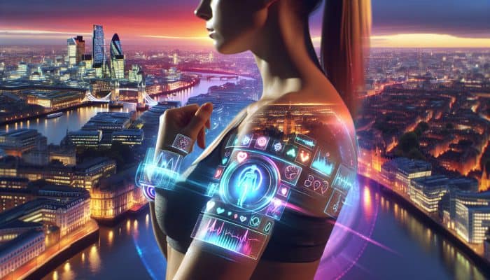 A futuristic UK woman with smart jewelry displaying vital signs, London skyline at dusk.