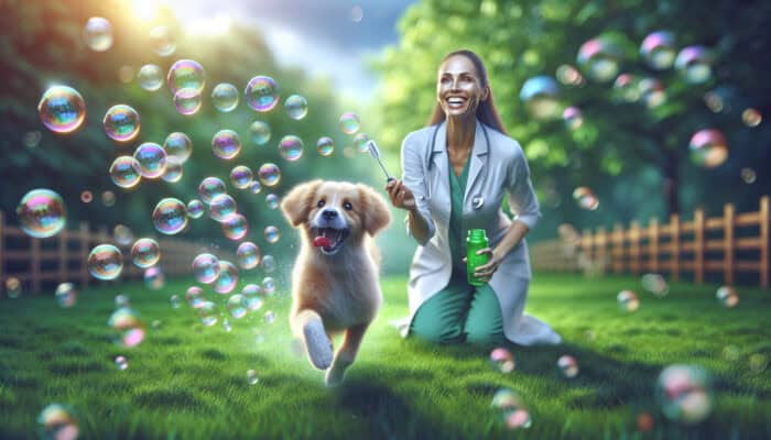 A dog happily chasing bubbles in a park, with a vet smiling in approval.