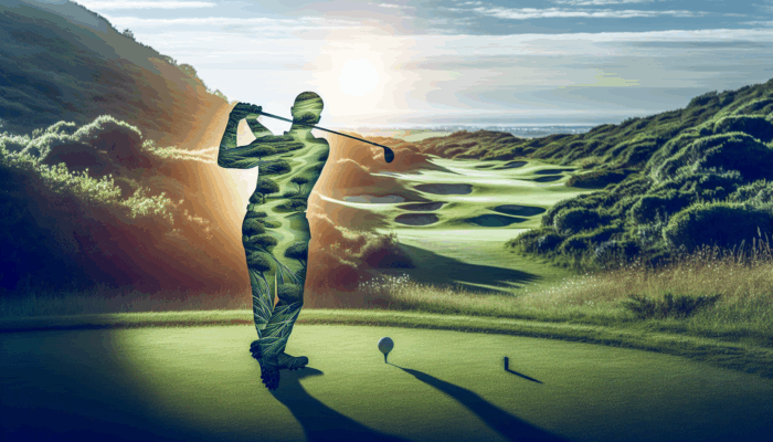 A South African golfer visualizing a perfect swing on a lush, sunlit course.