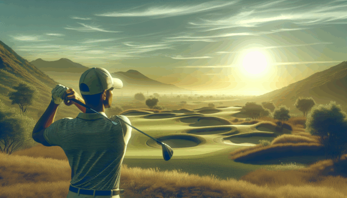 A beginner golfer at sunrise on a South African course, practicing deep breathing and visualizing their swing.