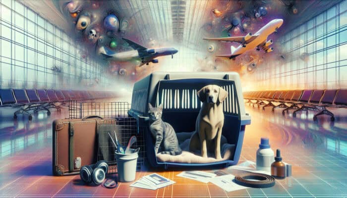 A dog and cat in a travel crate with documents and gear at an airport.