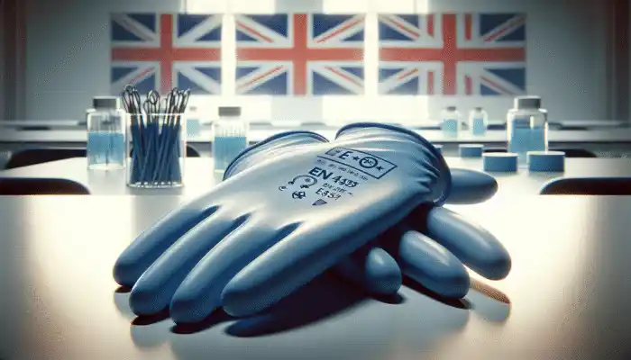 A pair of blue nitrile gloves on a sterile lab table, accompanied by EN455 and EN374 certification stamps, alongside Union Jack and EU symbols.